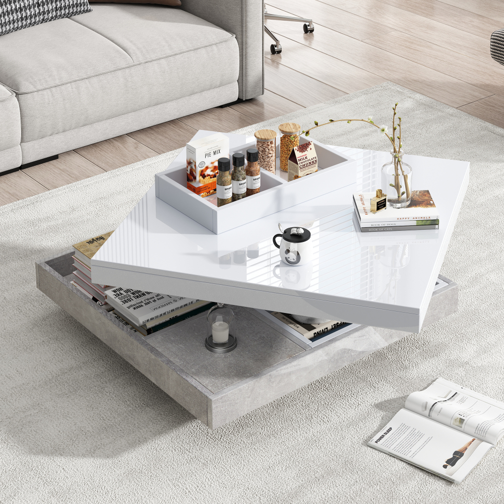 Mesa de centro giratória com arrumação mármore branco 36x70x70cm