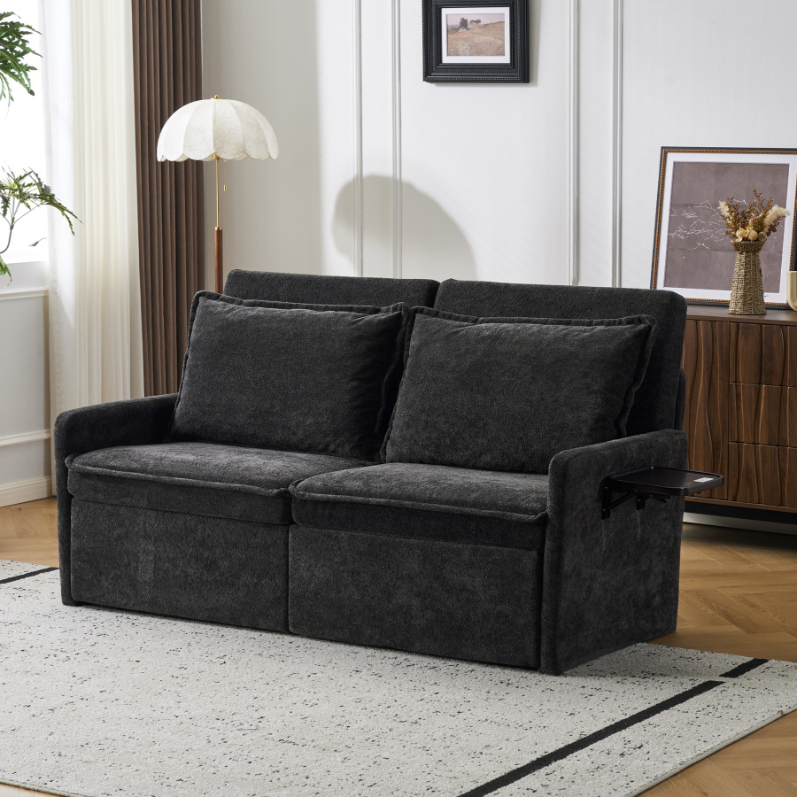 Sofá-cama dobrável em chenille preto 3 lugares com encosto ajustável e usb