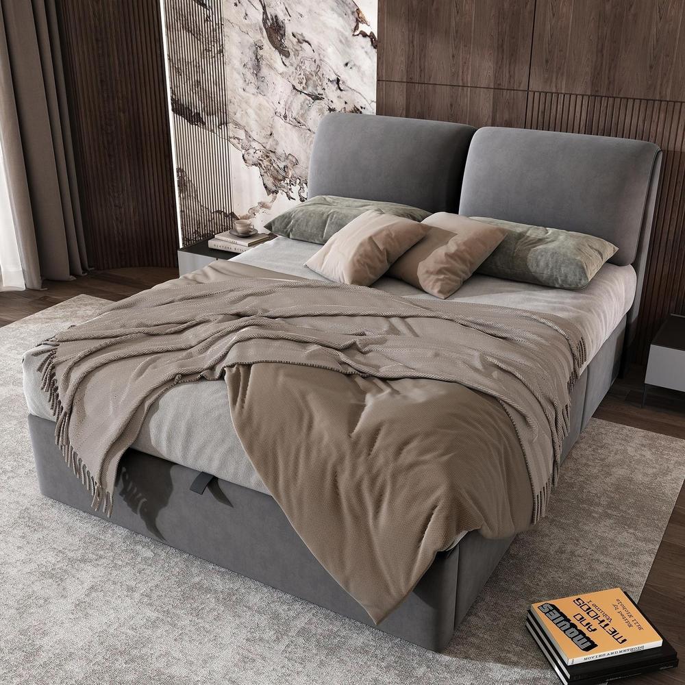 Cama com arrumação 140x200cm, estrado de ripas, 3 gavetas, cinzento
