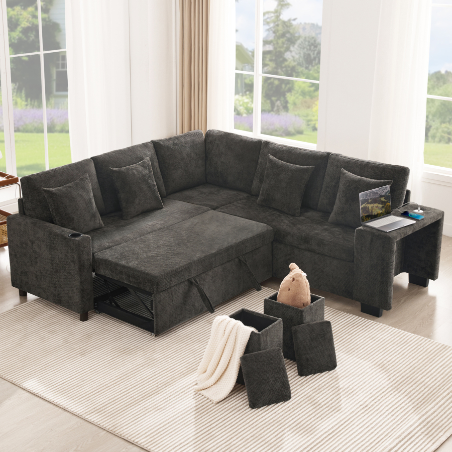 Sofá-cama de canto modular em chenille cinzento 5 lugares com usb