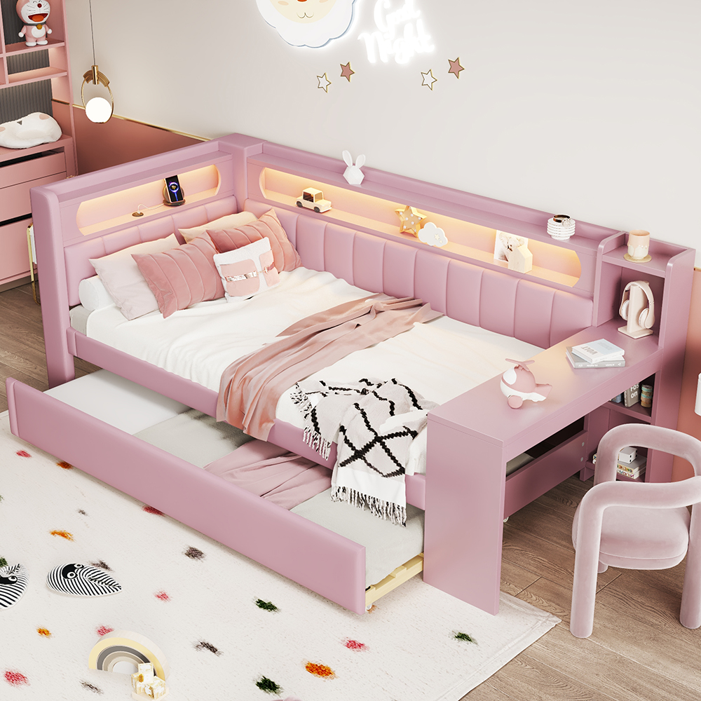 Cama acolchoada com luzes LED,90x200cm,rosa.