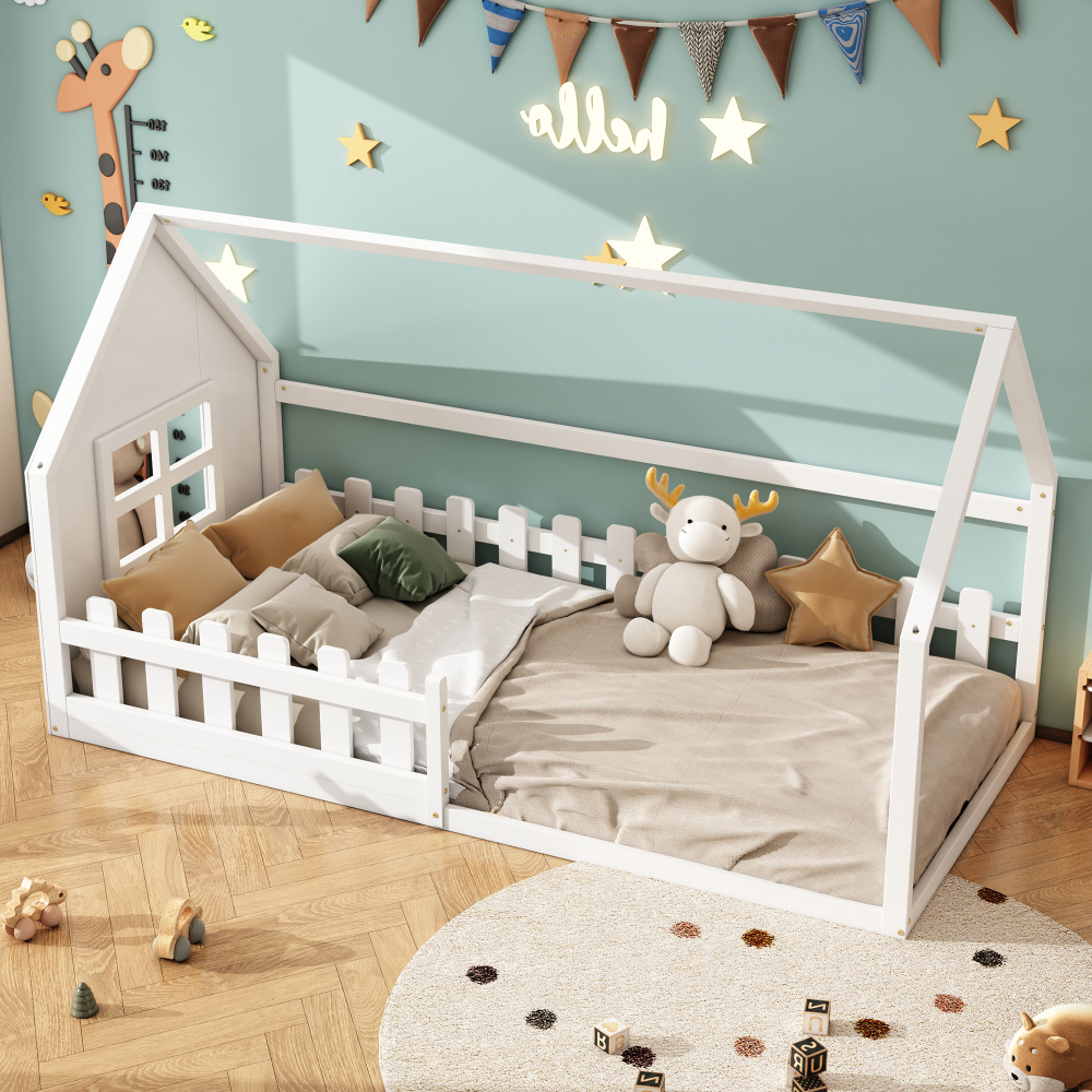 Cama infantil casinha 90x200cm em madeira de pinheiro e mdf – branco