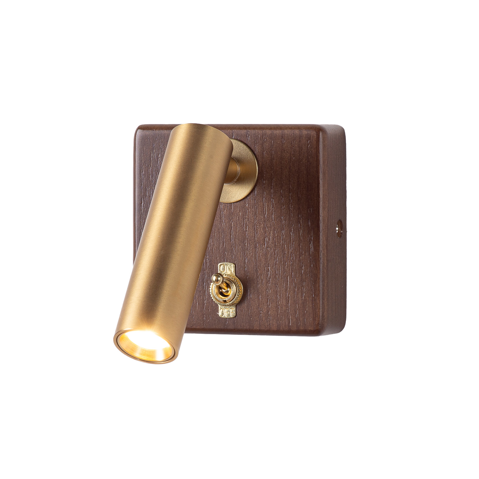 Aplique de parede LED 3W 2800K dourado base quadrada madeira