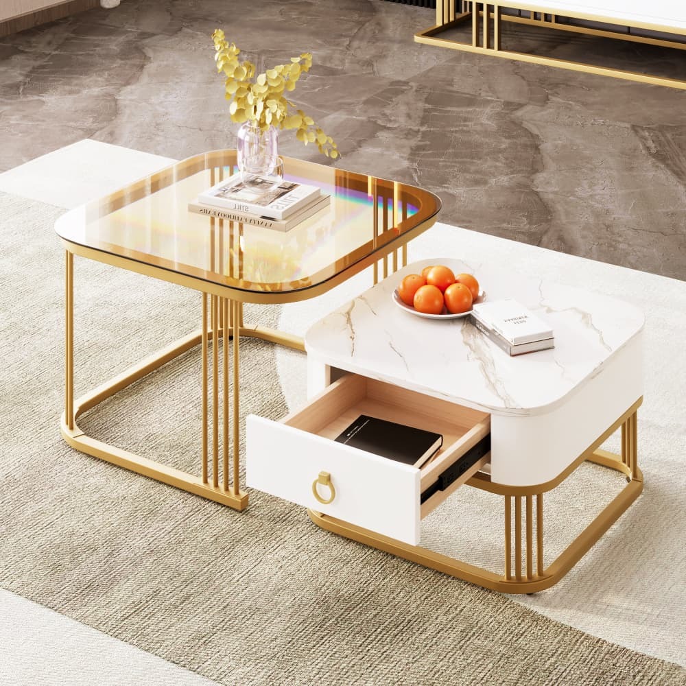 Mesa de centro modular com 2 peças branca e dourada 60x60x44,5cm
