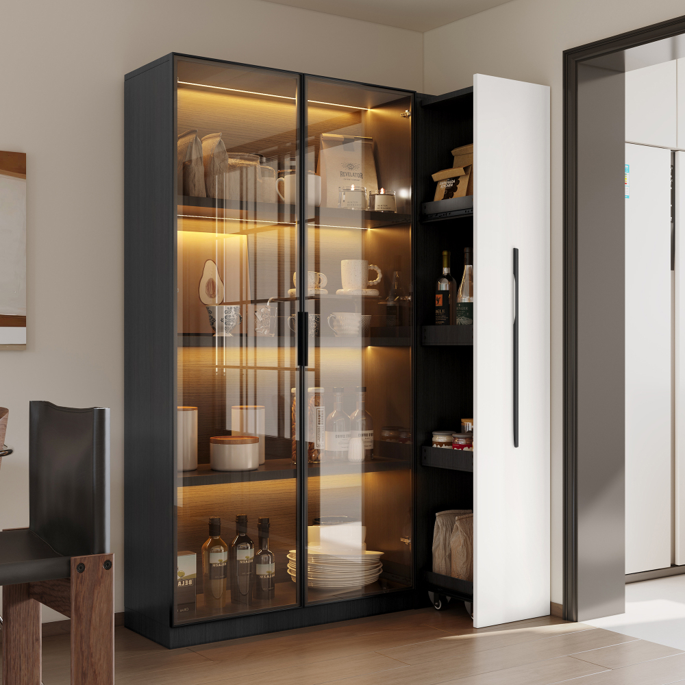 Armário vitrine LED estante deslizante mdf vidro 110,5x35x160cm