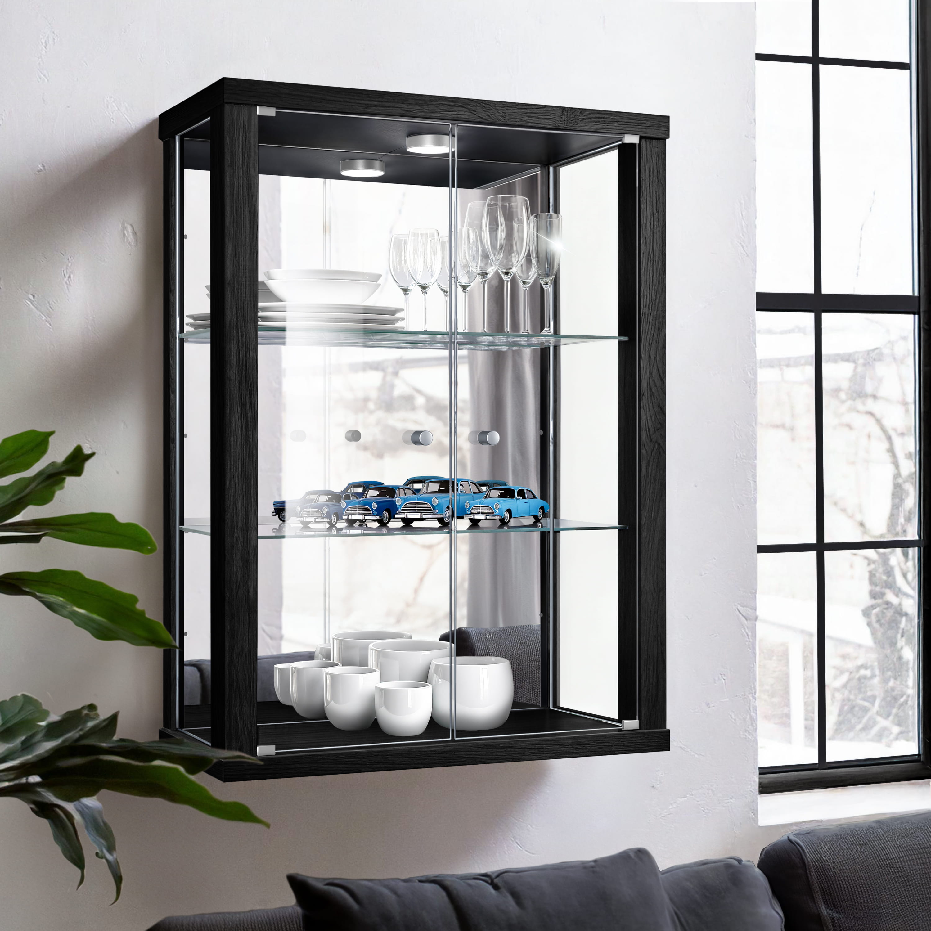 K-möbel armário suspenso cristal preto (80x60x25 cm) com LED e espelho