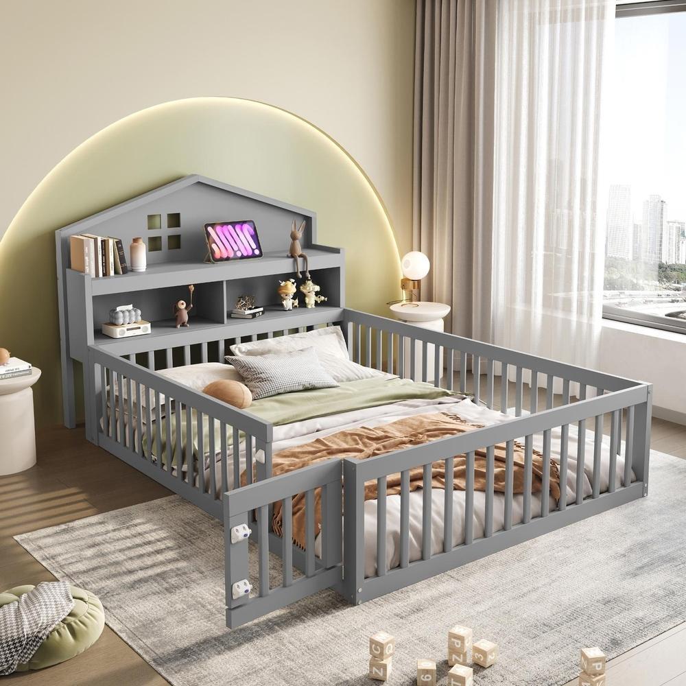 Cama infantil 140x200cm com arrumação, grade, porta cinzenta