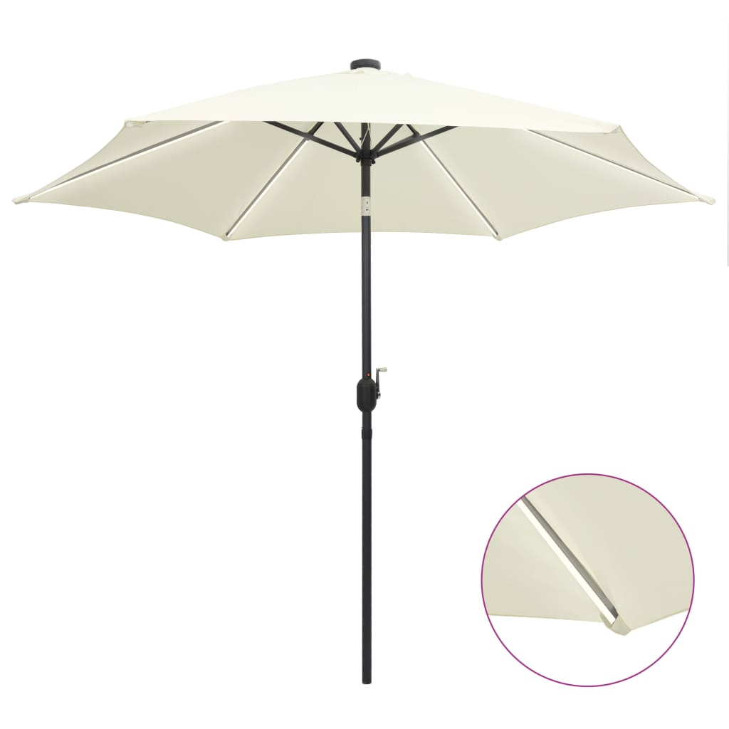 Guarda-sol jardim luzes LED/poste alumínio 300 cm branco areia ergft4113