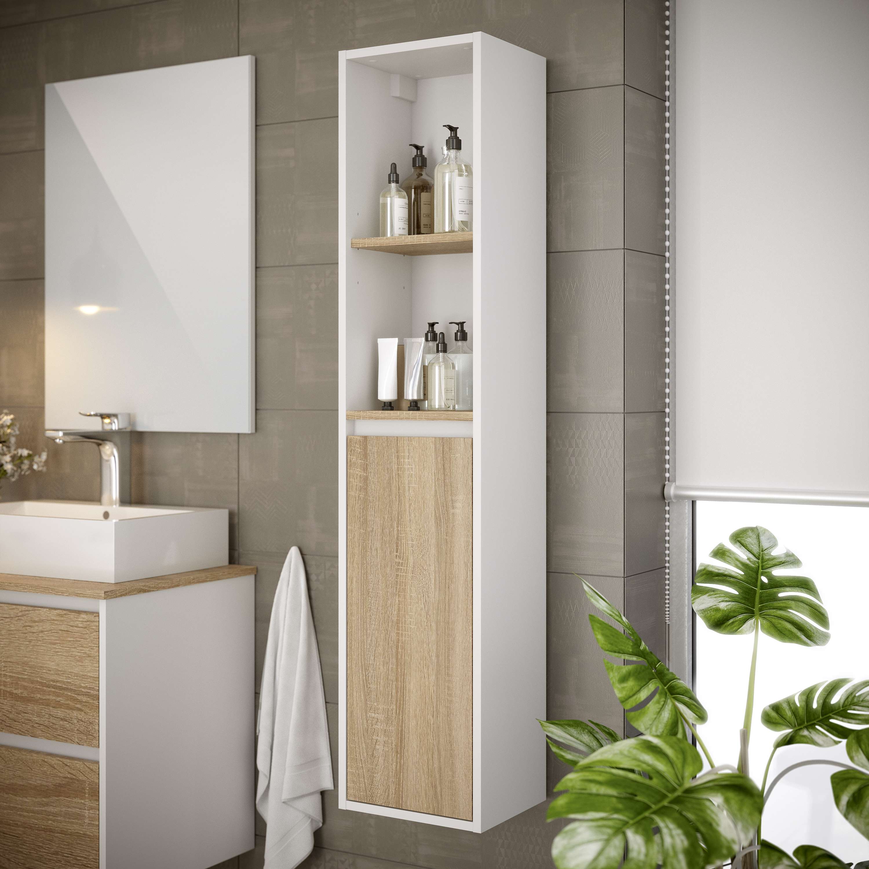 Coluna da casa de banho dora 1 porta 140x30x25 cm carvalho e branco t-bath