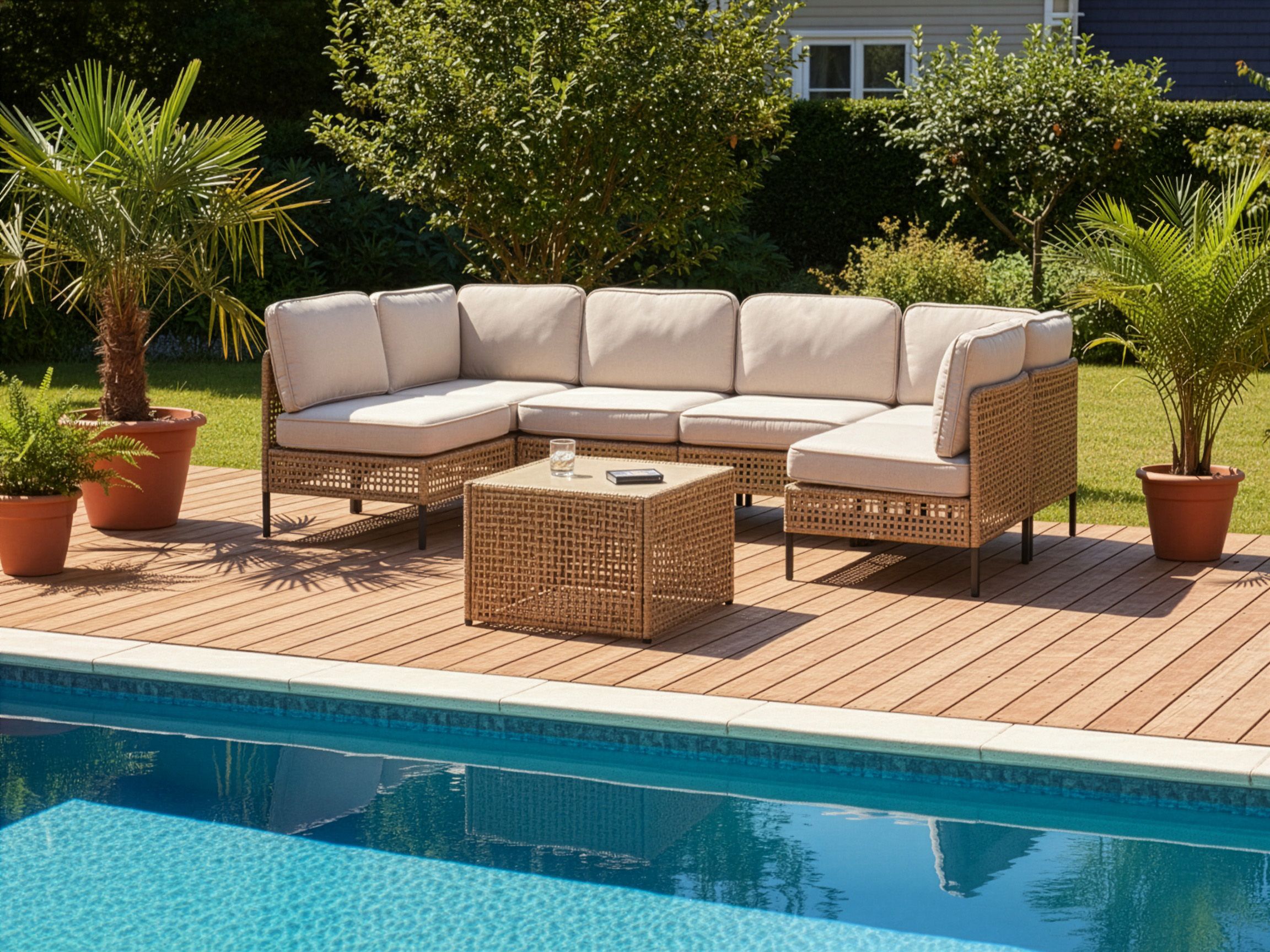 Sofá de jardim em u 6 lugares omegana rattan sintético creme claro