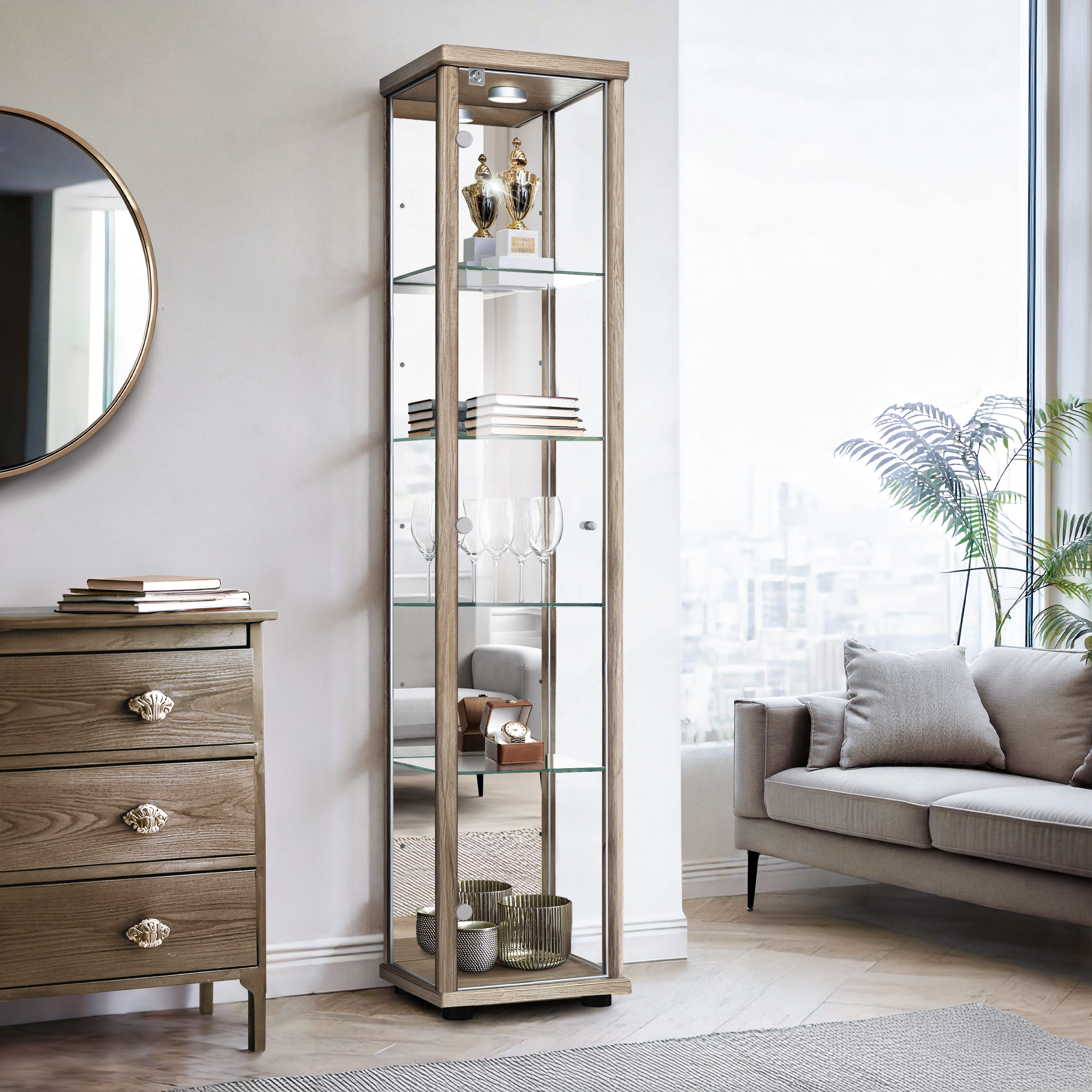 K-möbel vitrine cristal carvalho sonoma 176x37x33 espelho LED fechadura