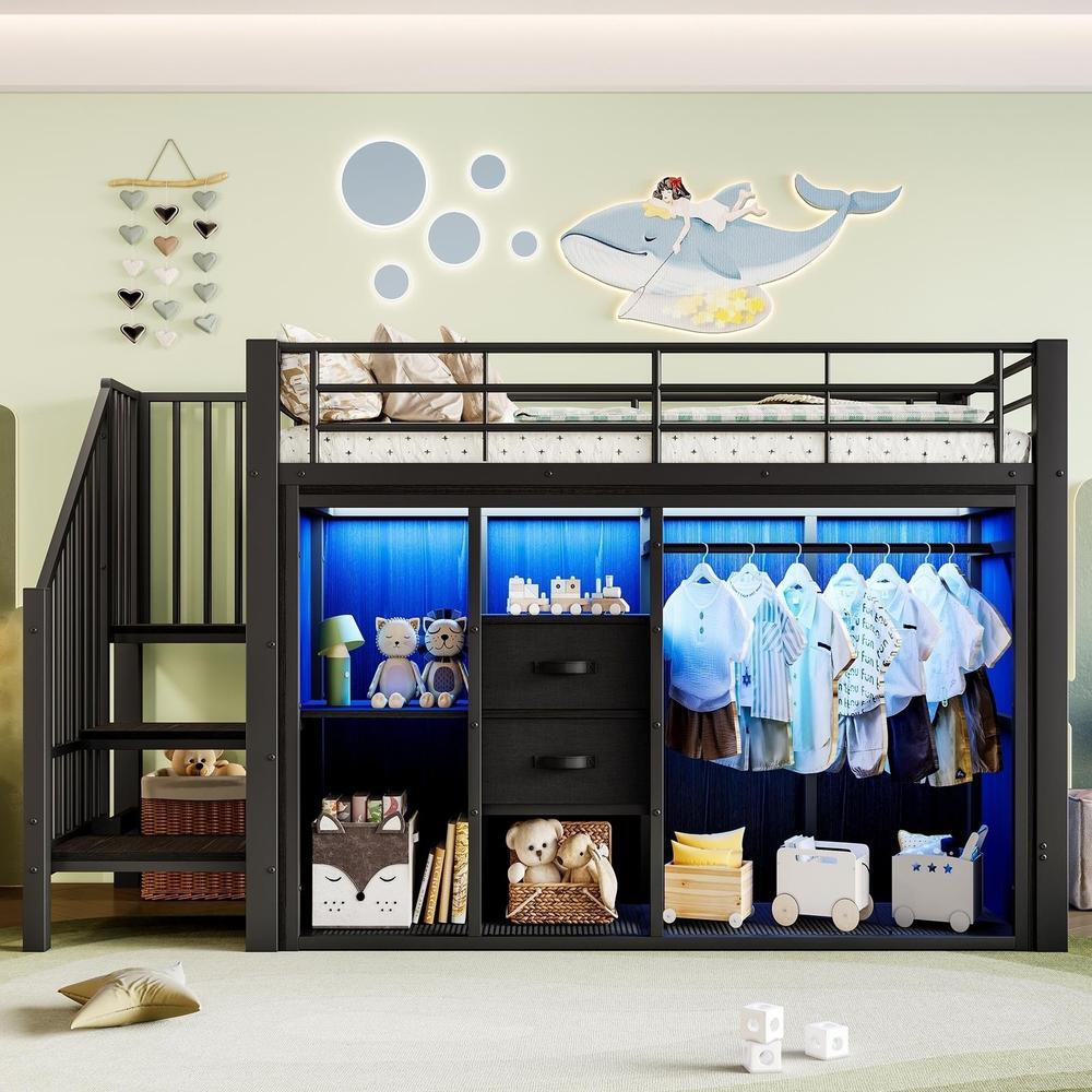 Cama alta 90x200cm com LED rgb, gavetas, roupeiro aberto, preto