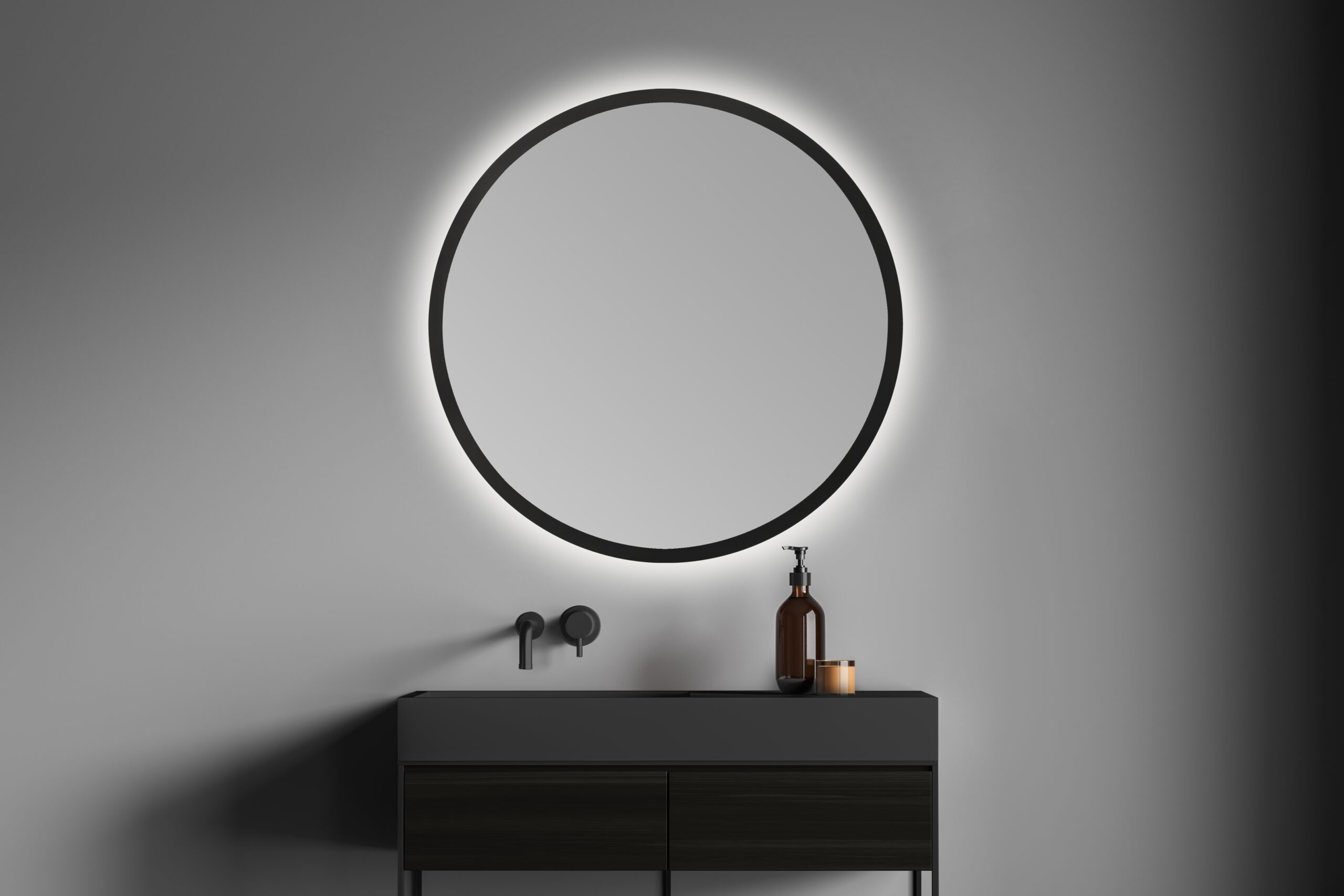 Espelho LED redondo b-953 preto com luz frontal fria – ø 100 cm