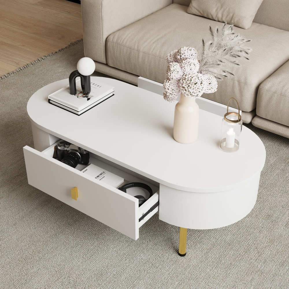 Mesa de centro com 2 gavetas branco e dourado 40x108x50cm