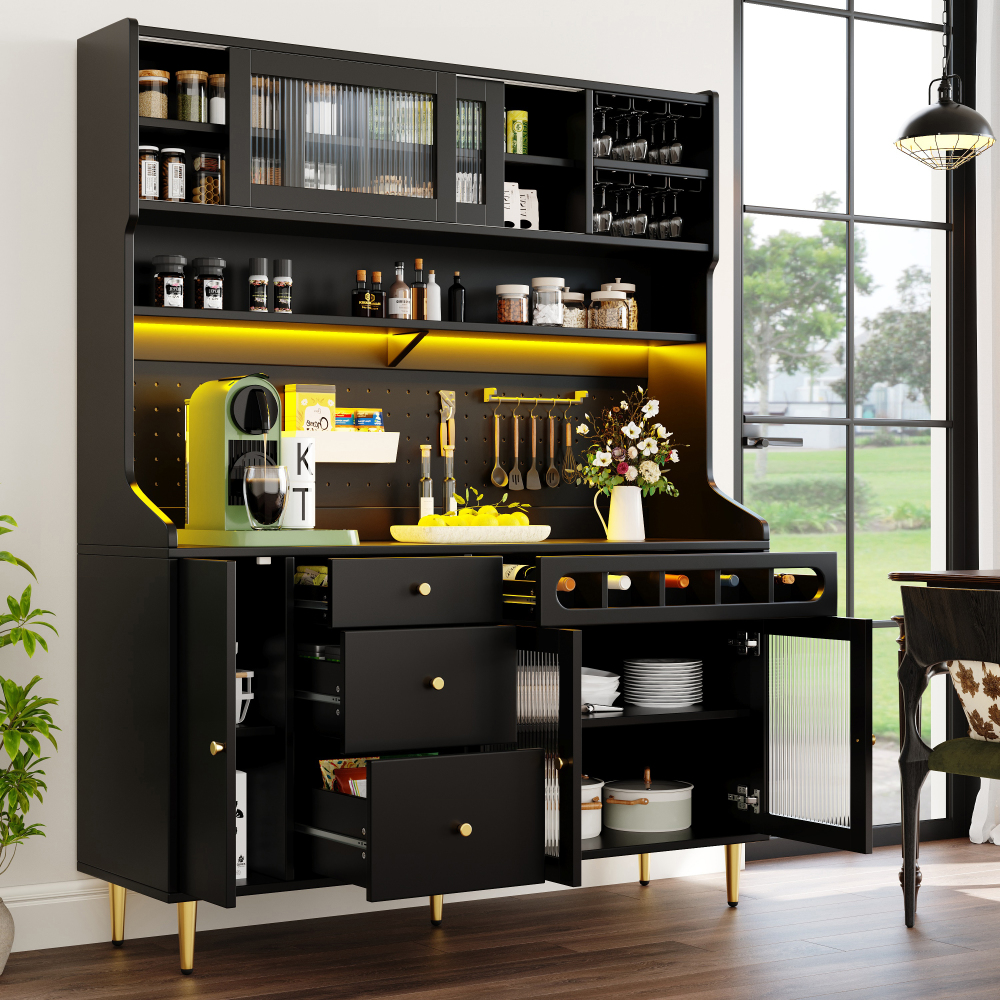 Armário alto de cozinha com LED e garrafeira em vidro preto 145x39x171 cm