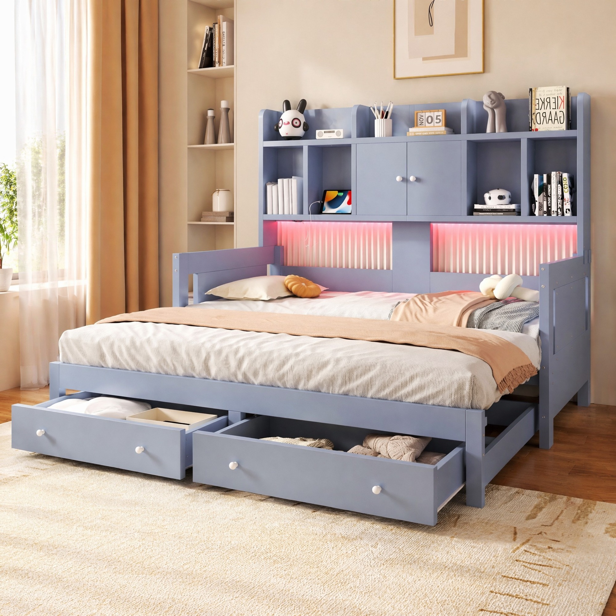 Sofá cama extensível 90x190cm com arrumação madeira – cinzento