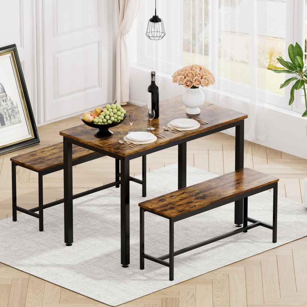 Conjunto mesa industrial 2 bancos 4 lugares preto castanho 110x60x75cm