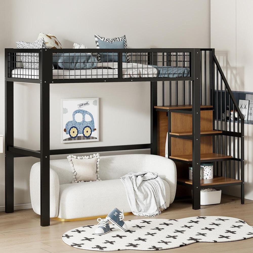 Cama loft infantil 90x200cm com escada, arrumação e armário preto