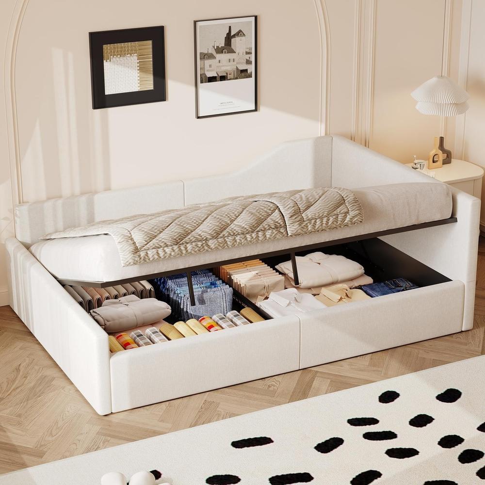 Sofá-cama 140x200cm com arrumação, madeira e estrado de ripas, bege
