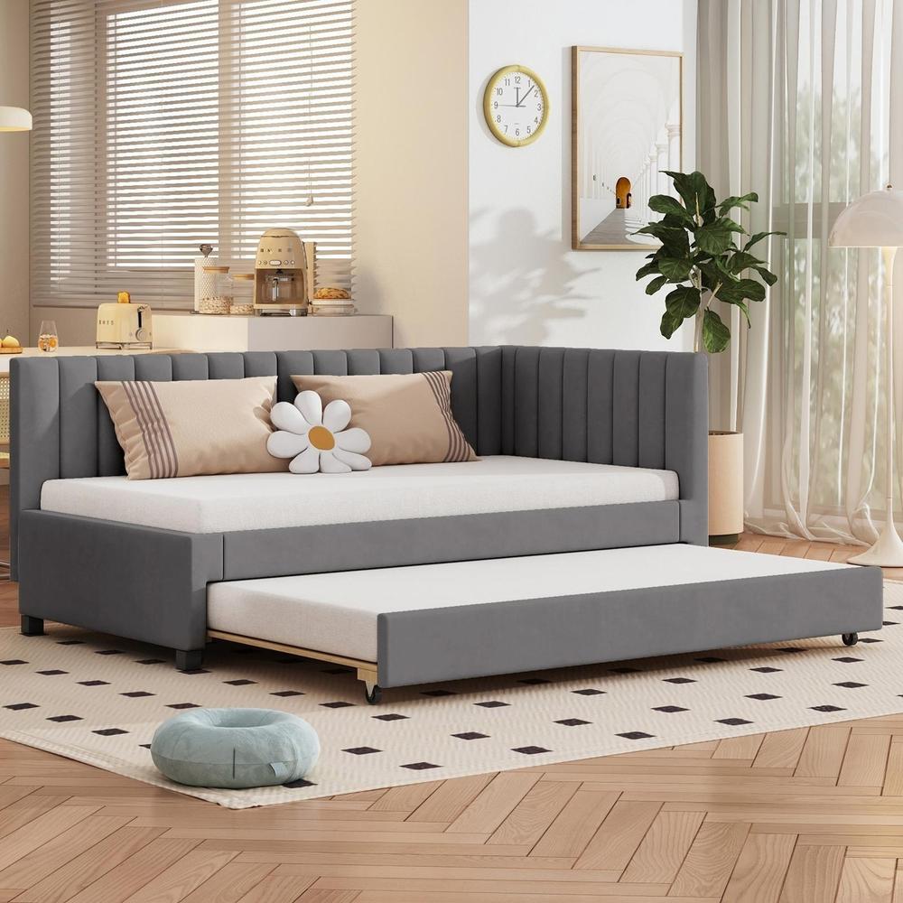 Sofá-cama extensível 90x200cm com ripas para crianças, cinzento