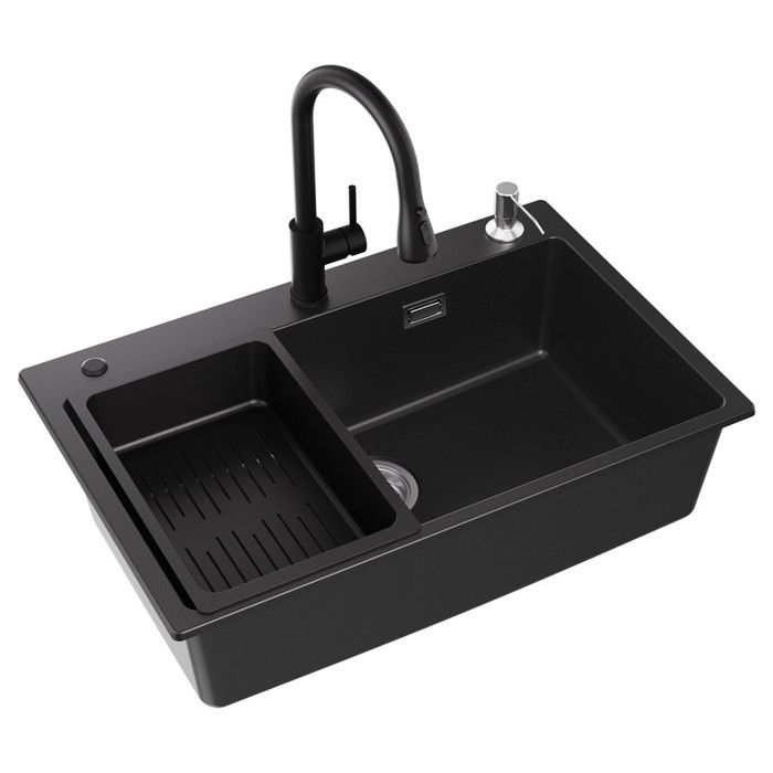 Pia de cozinha em granito 70x45cm com dispensador de sabão, cesto escorredo