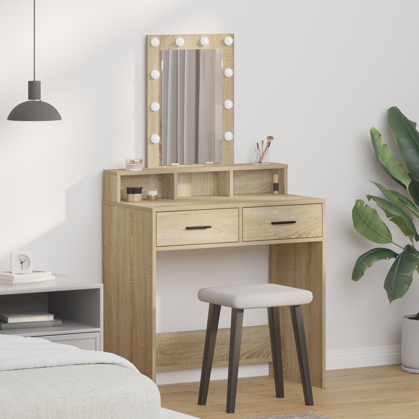 Mesa de maquiagem com luzes LED carvalho sonoma 79x41x140 cm wf757321