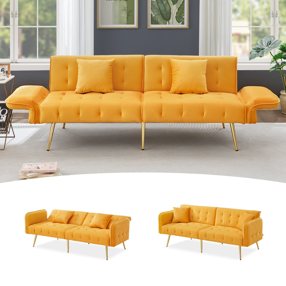 Sofá cama 2 lugares em veludo amarelo com encosto e braços ajustáveis
