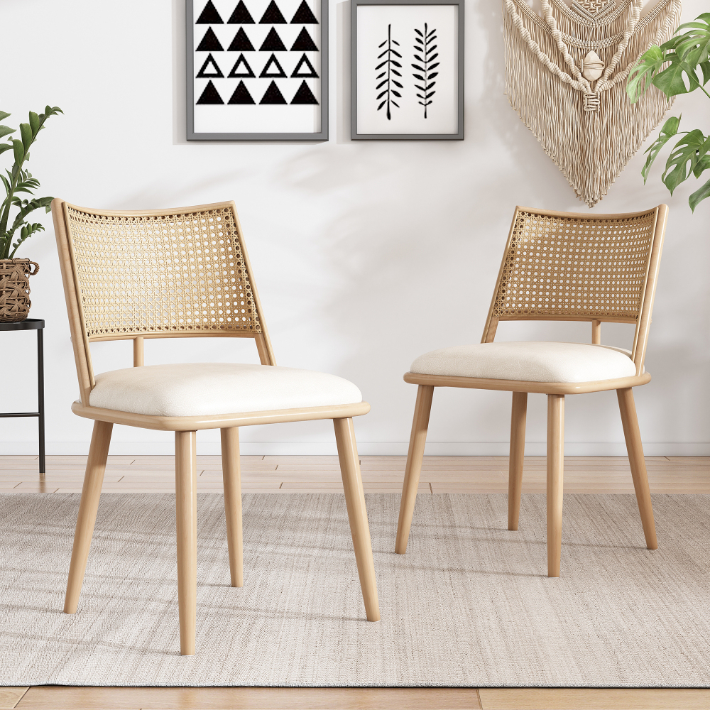 Conjunto de 2 cadeiras de jantar em rattan com assento em pu bege