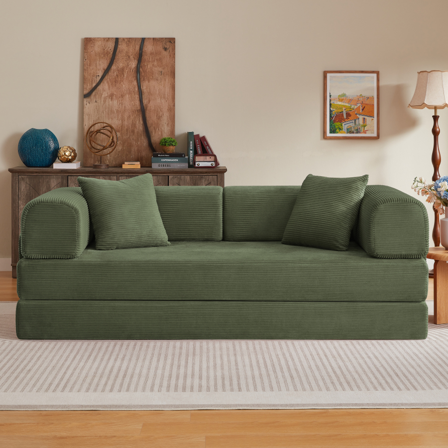 Sofá-cama dobrável em espuma verde 2 lugares