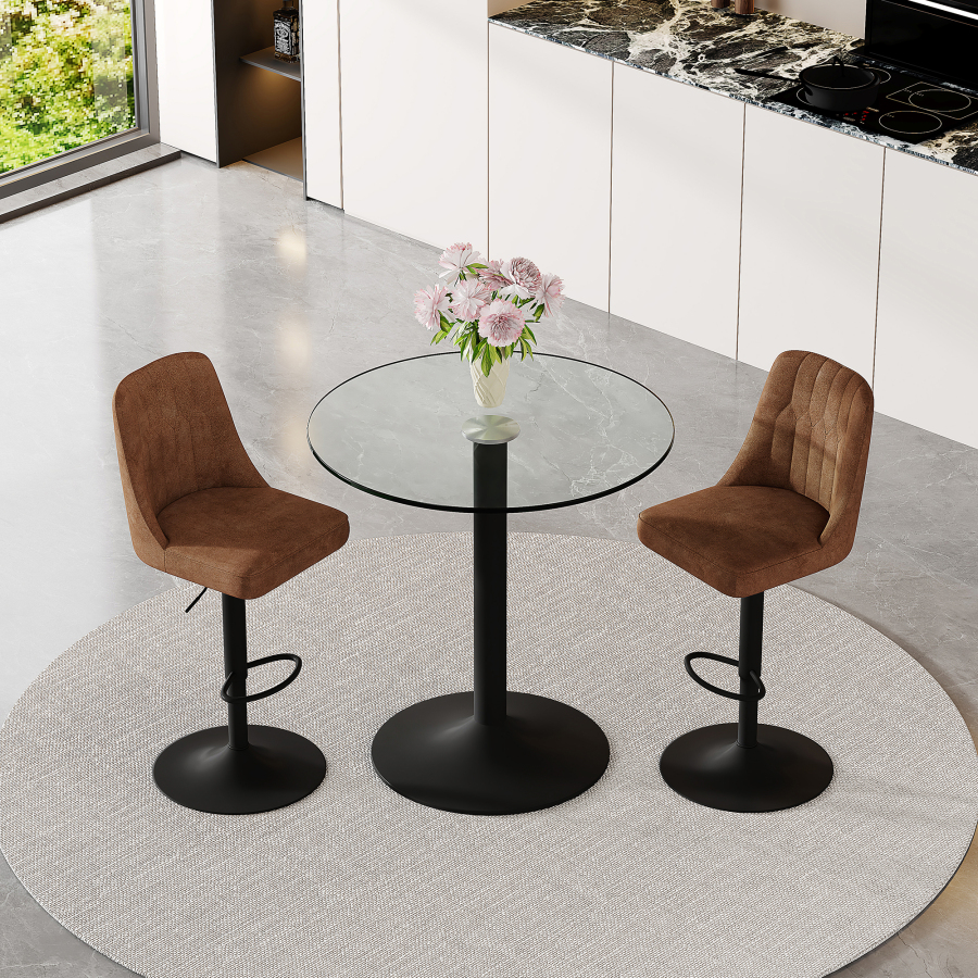 Conjunto mesa de bar vidro e 2 bancos giratórios castanhos estrutura preta