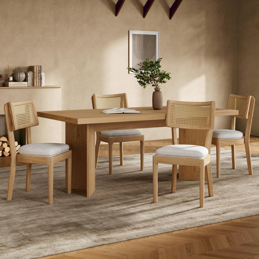 Conjunto 4 cadeiras de jantar madeira maciça rattan almofada linho natural