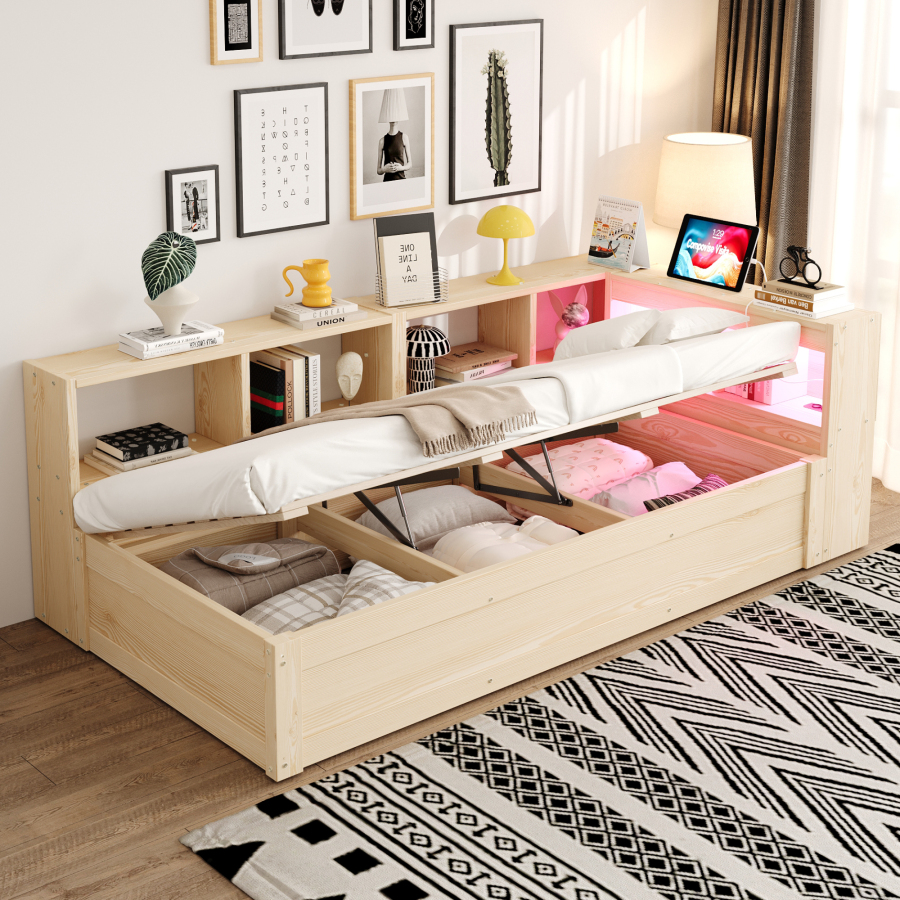 Cama multifuncional 90x200cm com arrumação, LED e tomada madeira natural