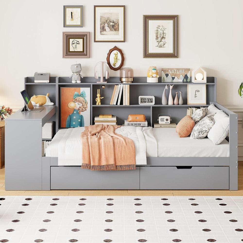 Sofá-cama de madeira maciça 90x200cm com secretária e gavetas cinzento