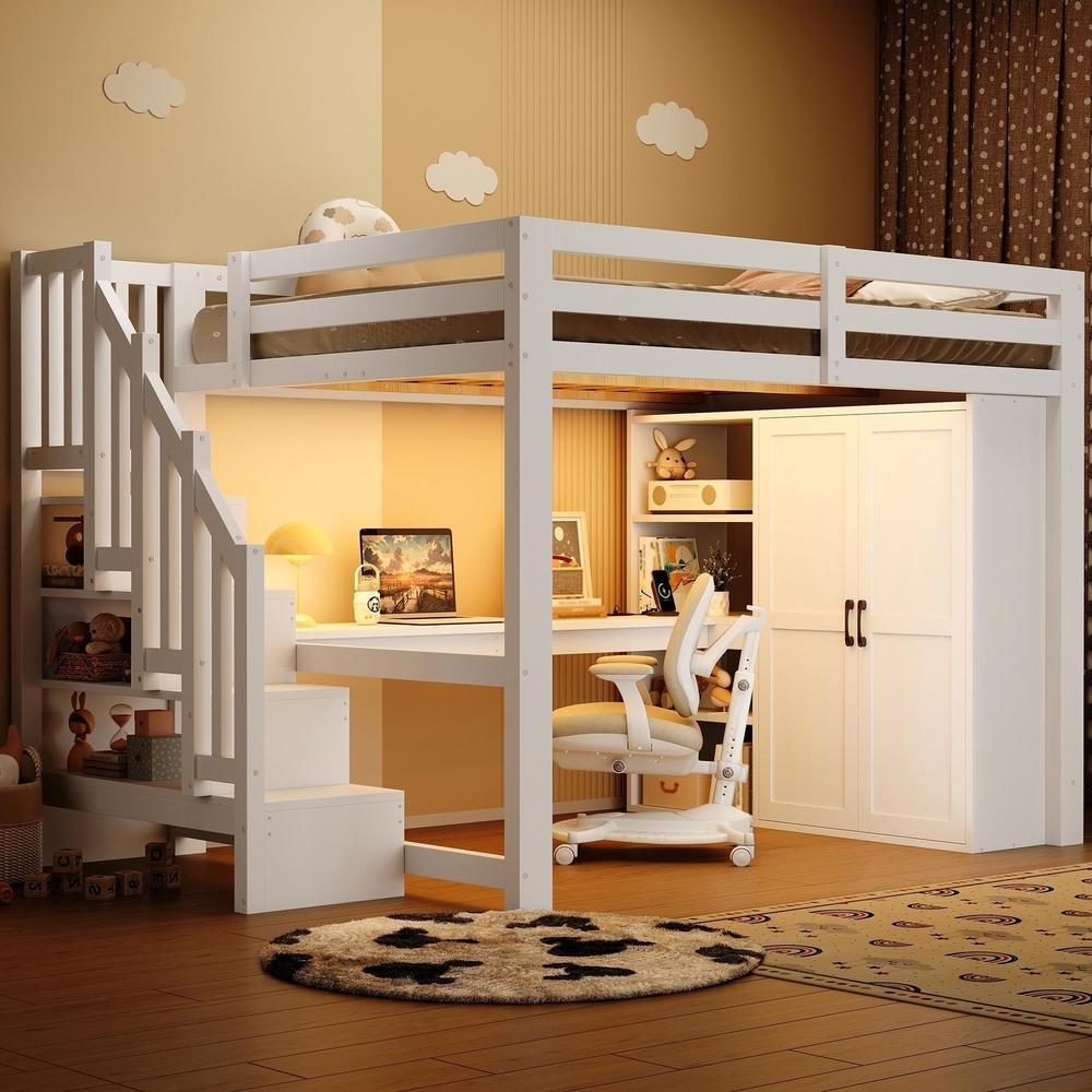 Cama alta 140x200 cm com secretária, roupeiro, LED e usb, branca