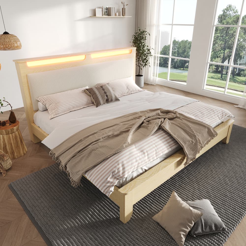 Cama de casal 140x200cm com arrumação e LED bombazina madeira – bege