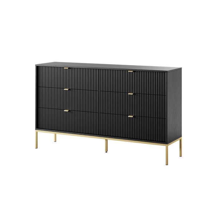 Comoda - 3xe living - 154 x 39 x 83 cm - 6 gavetas - preto & pés/maçanetas