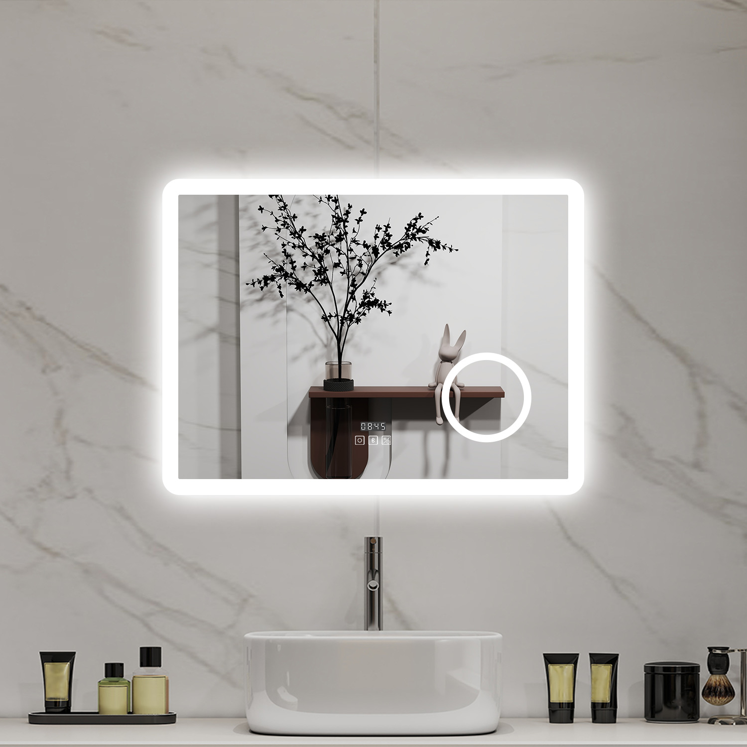 Aica LED espejo de baño 80 x 60cm con reloj, bluetooth, lupa 3x