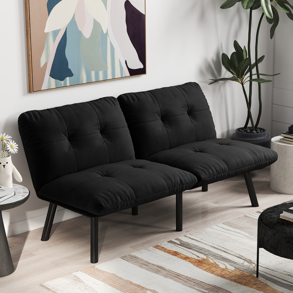 Sofá cama dobrável em veludo preto 2 lugares com função cama