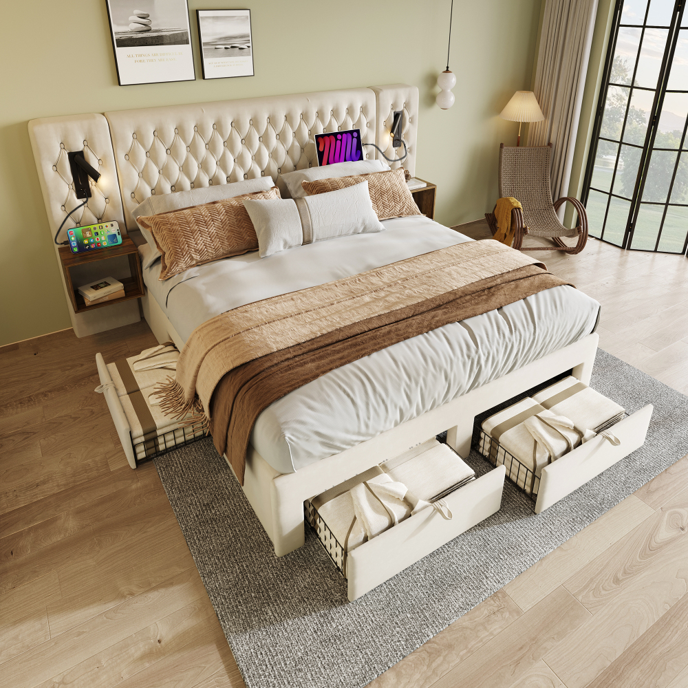 Cama de casal 160x200cm com arrumação e iluminação veludo bege