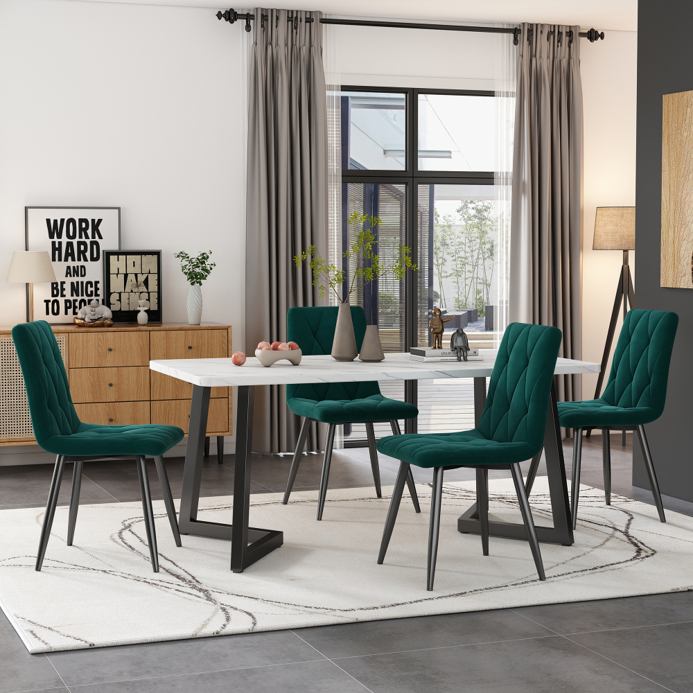 Conjunto mesa de jantar retangular com 4 cadeiras em veludo verde 117x68 cm