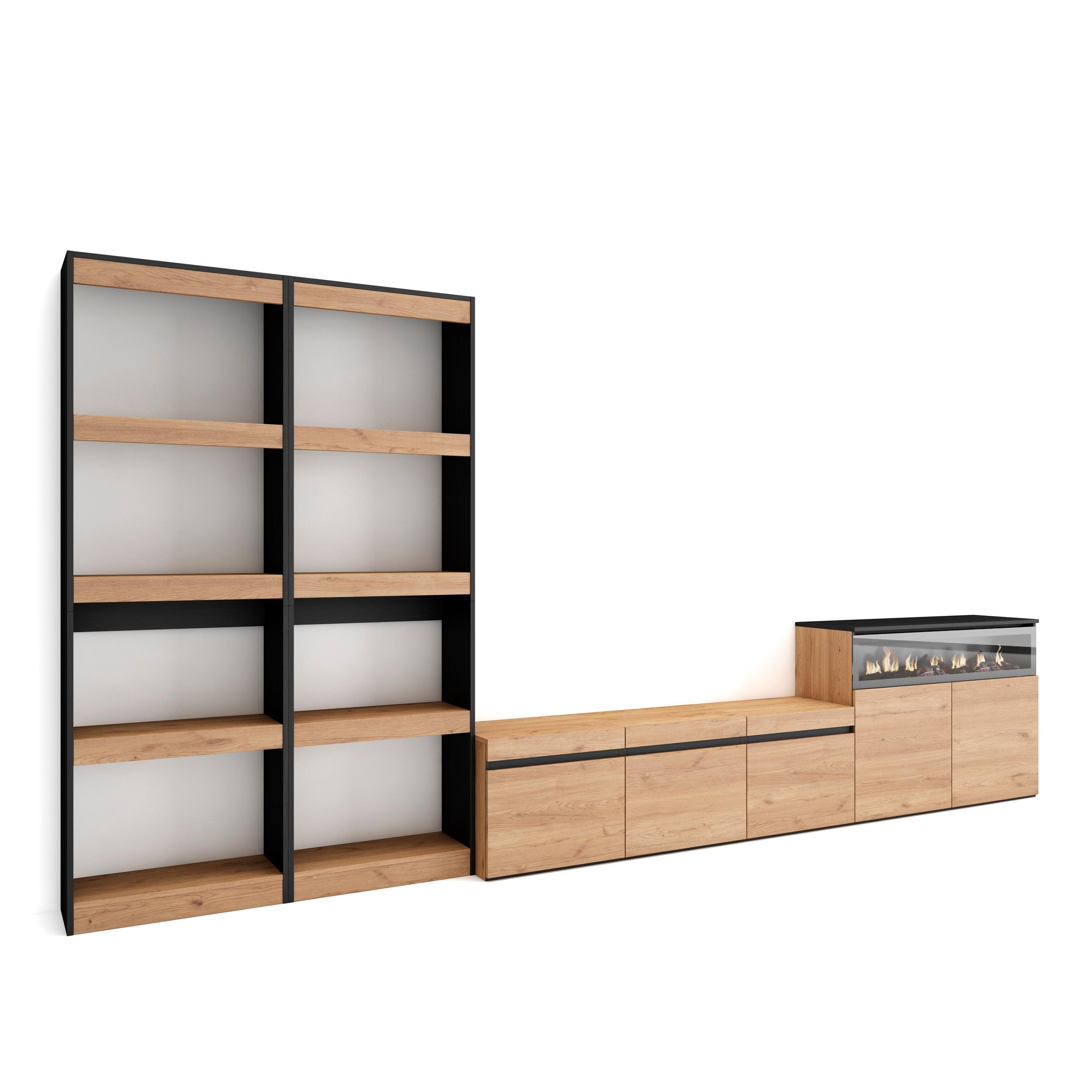 Móveis tv, 370x35x186cm, carvalho e preto, lareira eléctrica rf3183