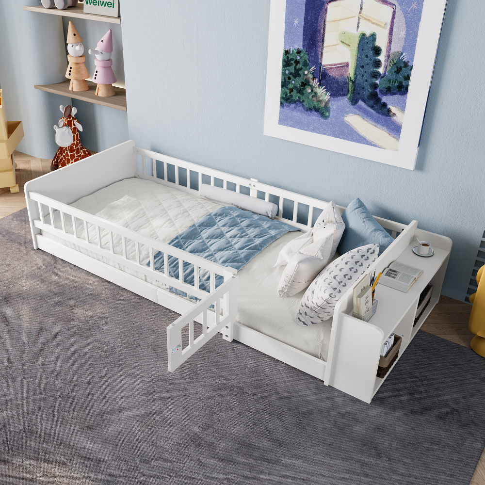 Cama infantil 90x200cm com arrumação e porta de proteção pinheiro branco