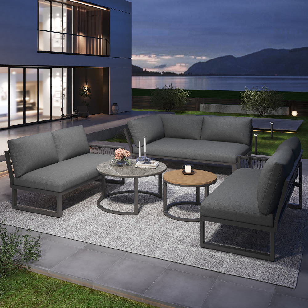 Conjunto jardim modular cinza sofá canto mesa dupla 6 lugares metal