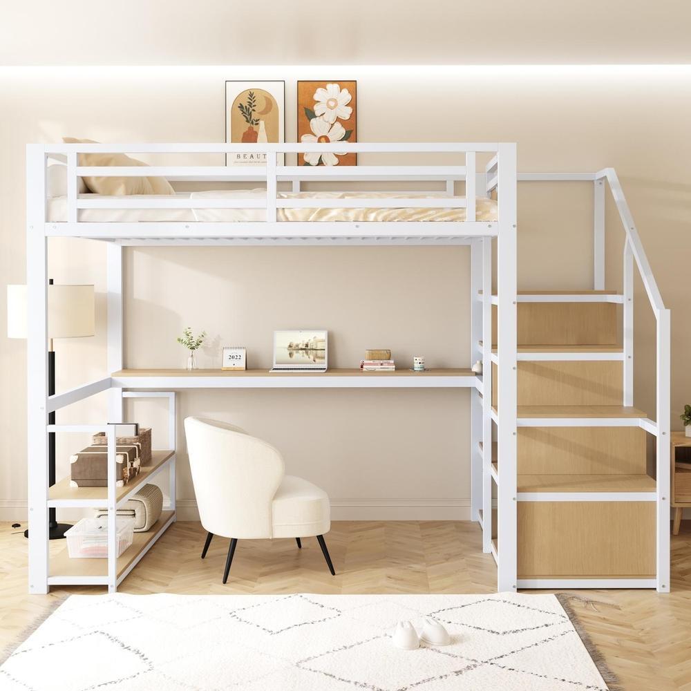 Cama alta 140x200cm em metal com escada e secretária, estrado branco