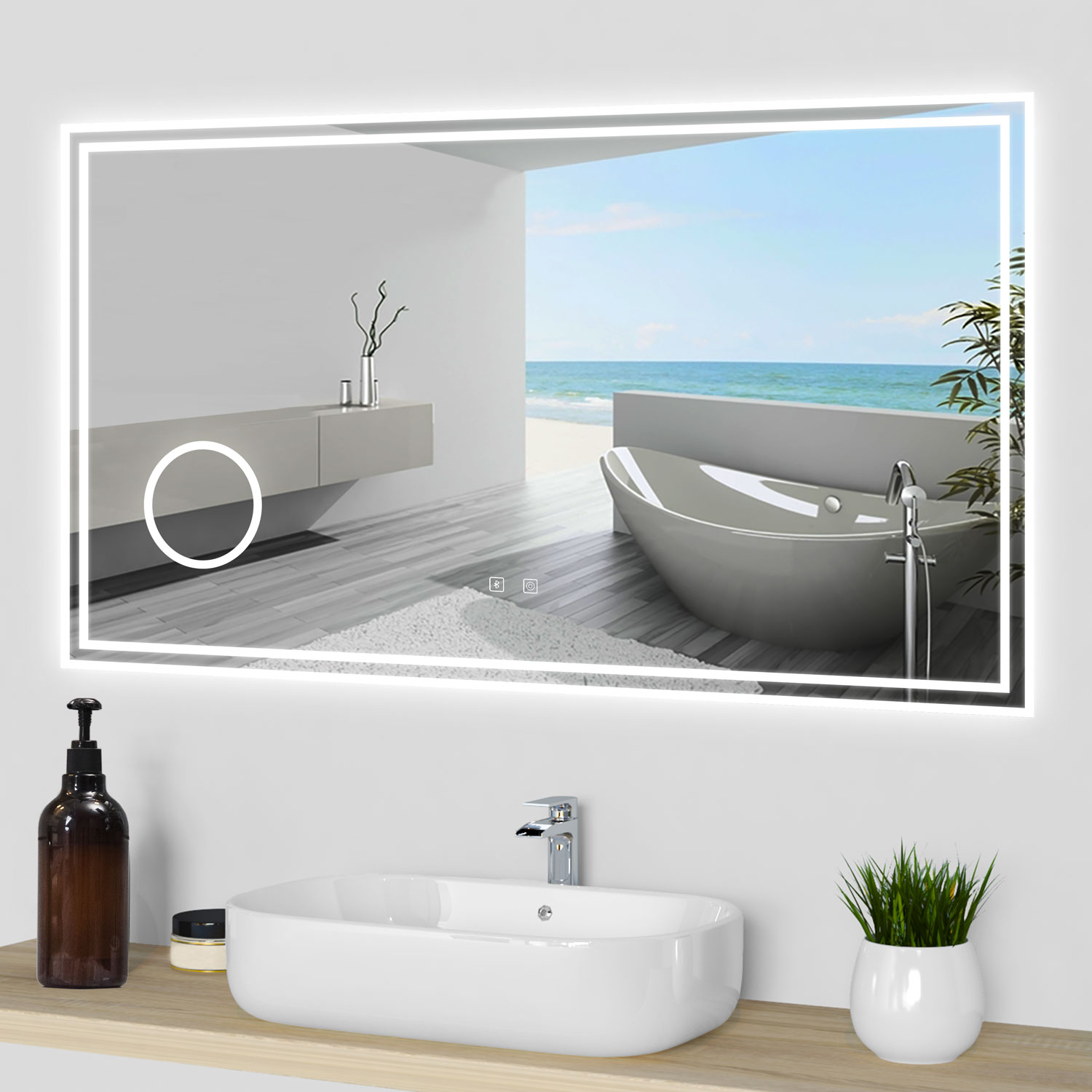 Espelho de casa de banho LED 120×70cm + bluetooth + espelho de aumento