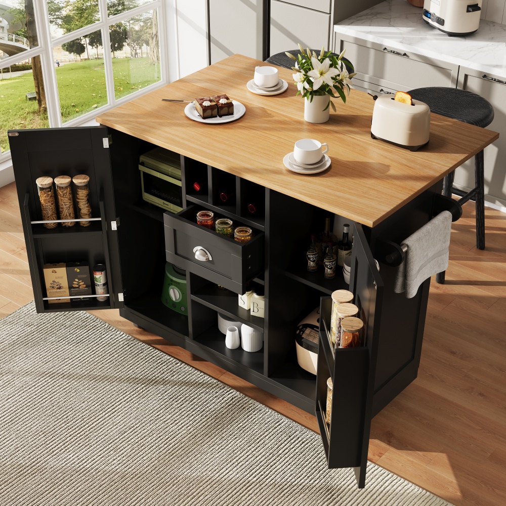 Ilha de cozinha com rodas e abas rebatíveis em mdf preto 140 cm