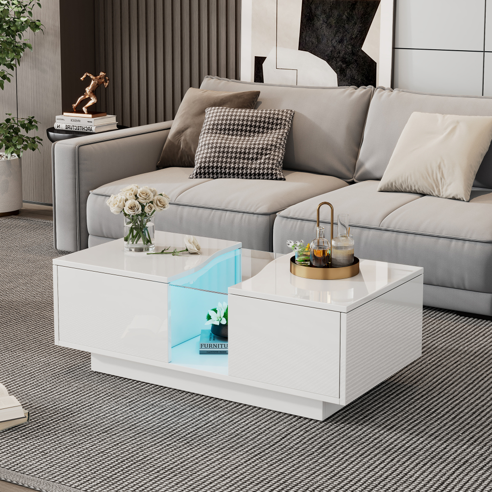 Mesa de centro com LED e 2 gavetas branco 35x100x50cm