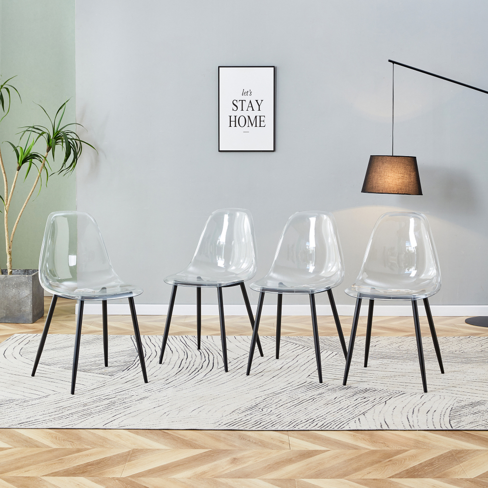 Conjunto de 4 cadeiras de jantar em plástico transparente e preto