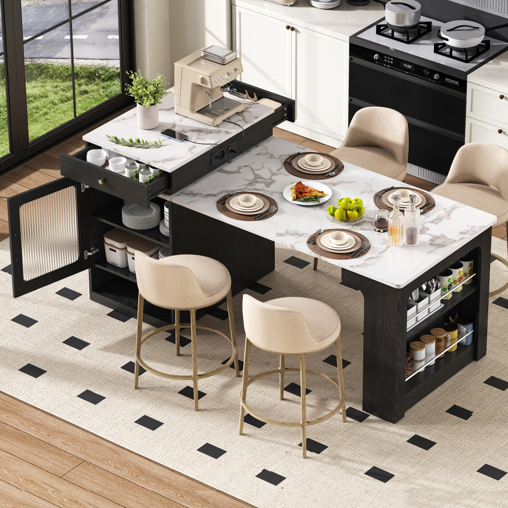 Ilha de cozinha extensível com rodas em mdf e vidro branco e preto