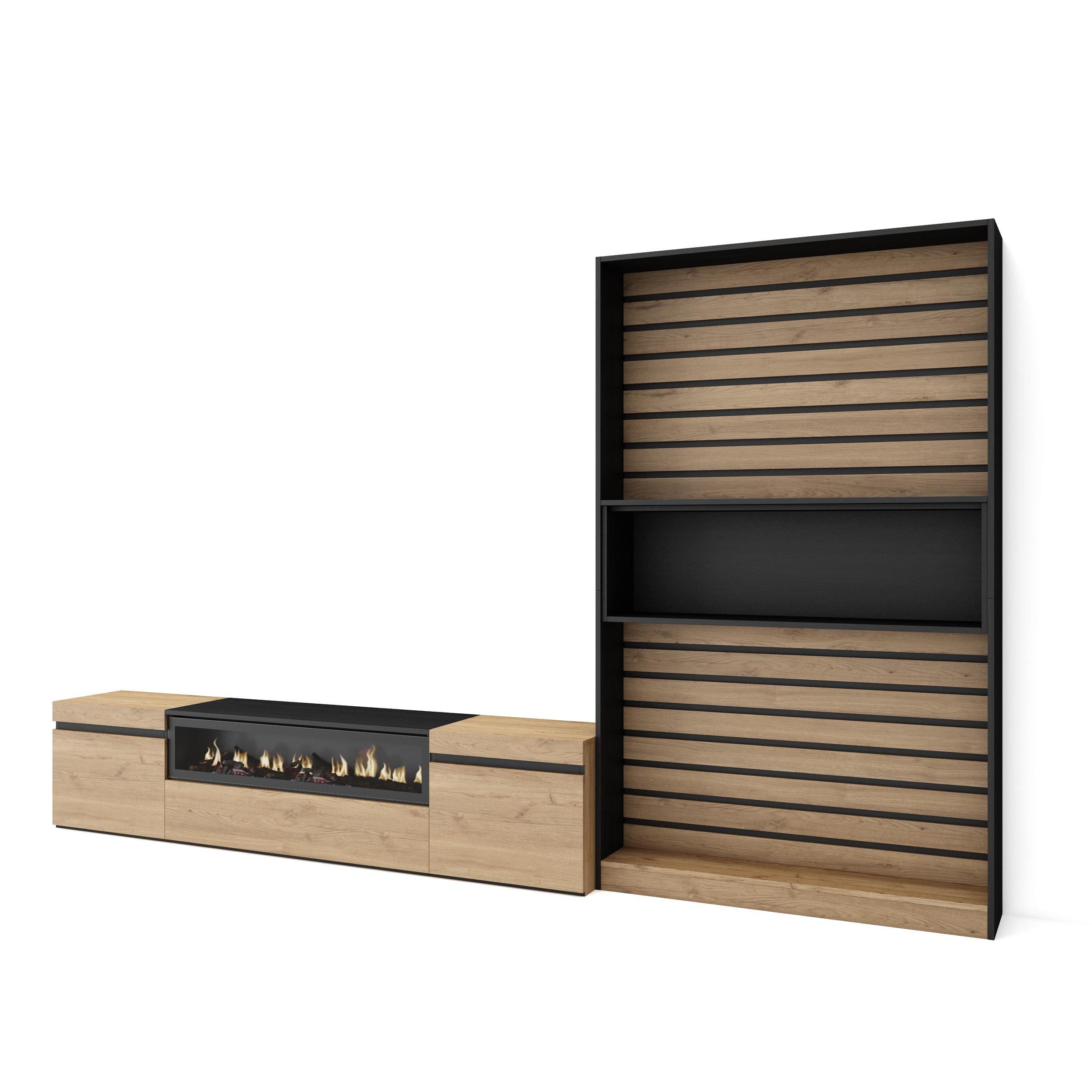Móveis tv, 310x35x186cm, carvalho e preto, lareira eléctrica rf2864